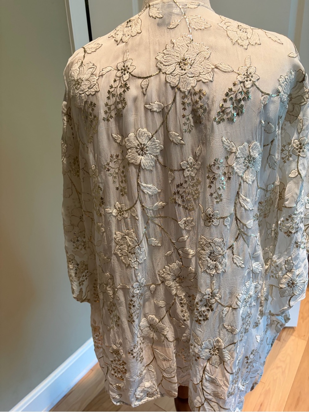 Karen Kane Sheer Floral Embroidered Open-Front Ivory and Gold Topper Jacket - Picture 3 of 11